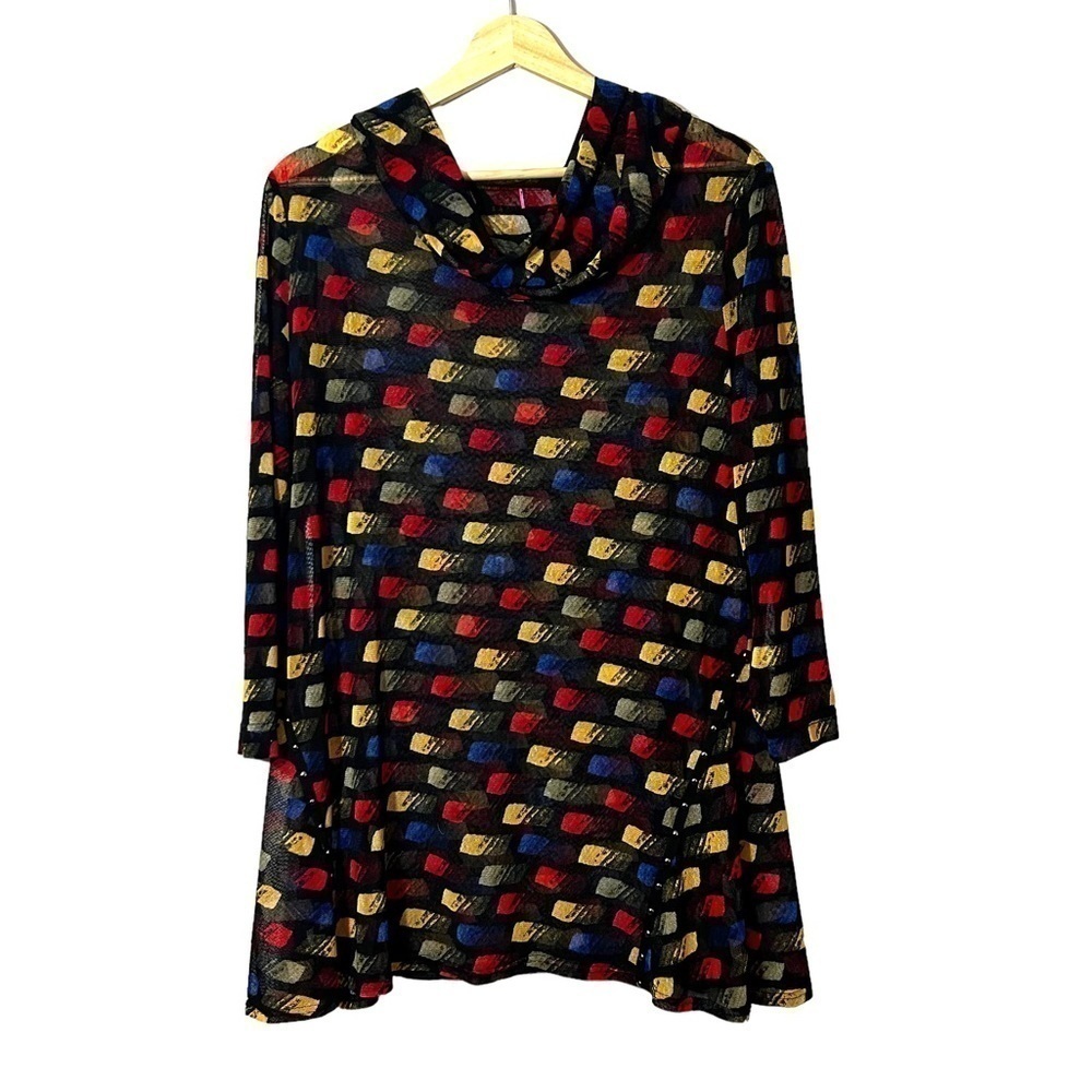 Max & Rina Sheer Tunic Collar Long Sleeve Bold Bright Size XL Studded Detail